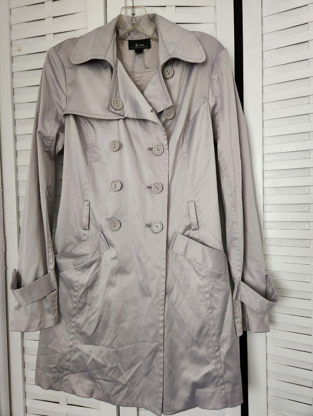 B Wear Women's Pale Gray Double-Breasted Trench Coat.